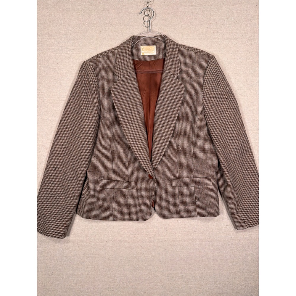 Vintage Pendleton Wool Houndstooth Blazer Jacket Brown Tan Made in USA Womens
